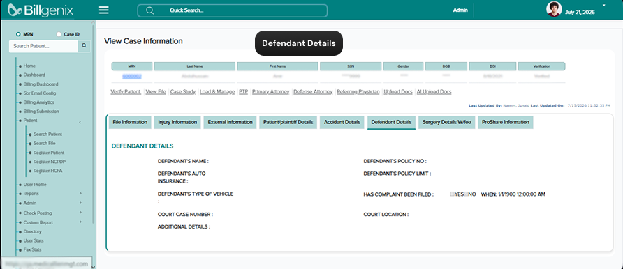 Billgenix personal injury case information screen