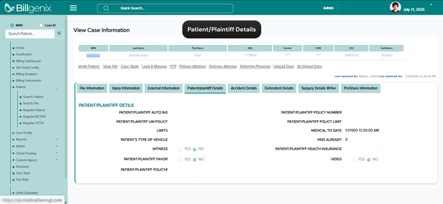 Billgenix payment record screen