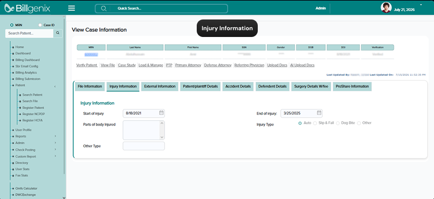 Billgenix payment record screen